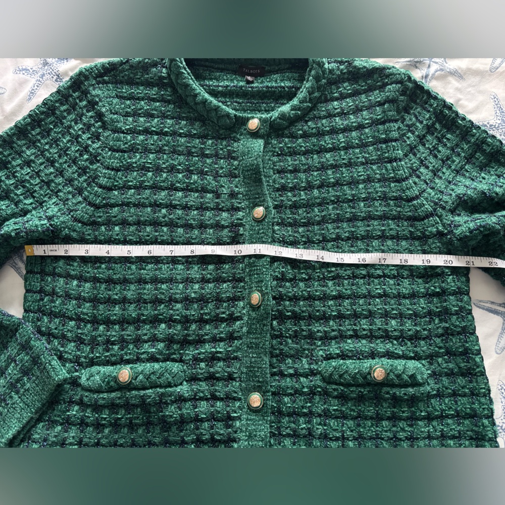 Talbots Chenille Cardigan Sweater Green Blue Metallic Thread Gold-Tone Buttons L - Picture 7 of 9
